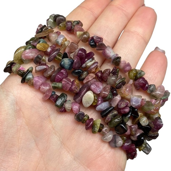 Tourmaline Gemstone Chips Beaded Stretch Bracelet Stone Boho Beads Green Pink - Picture 3 of 4